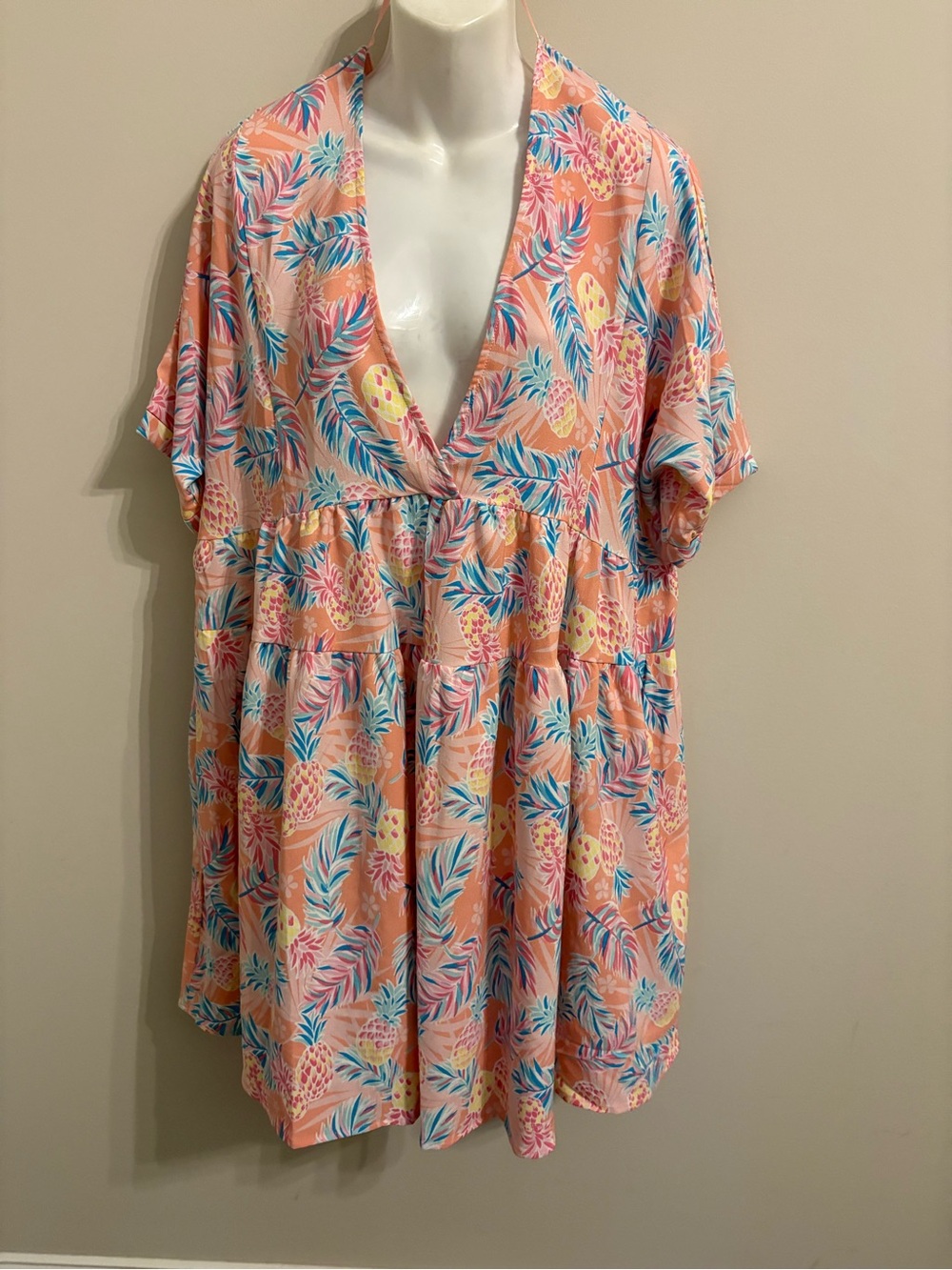 Simply Southern Peach Pineapple Print V-Neck Tiered Dress